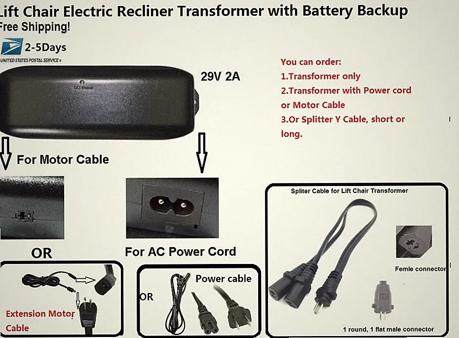 Okin Ashley Electric Lift Chair Recliner Transformer Power Supply 29V 2A w Cords