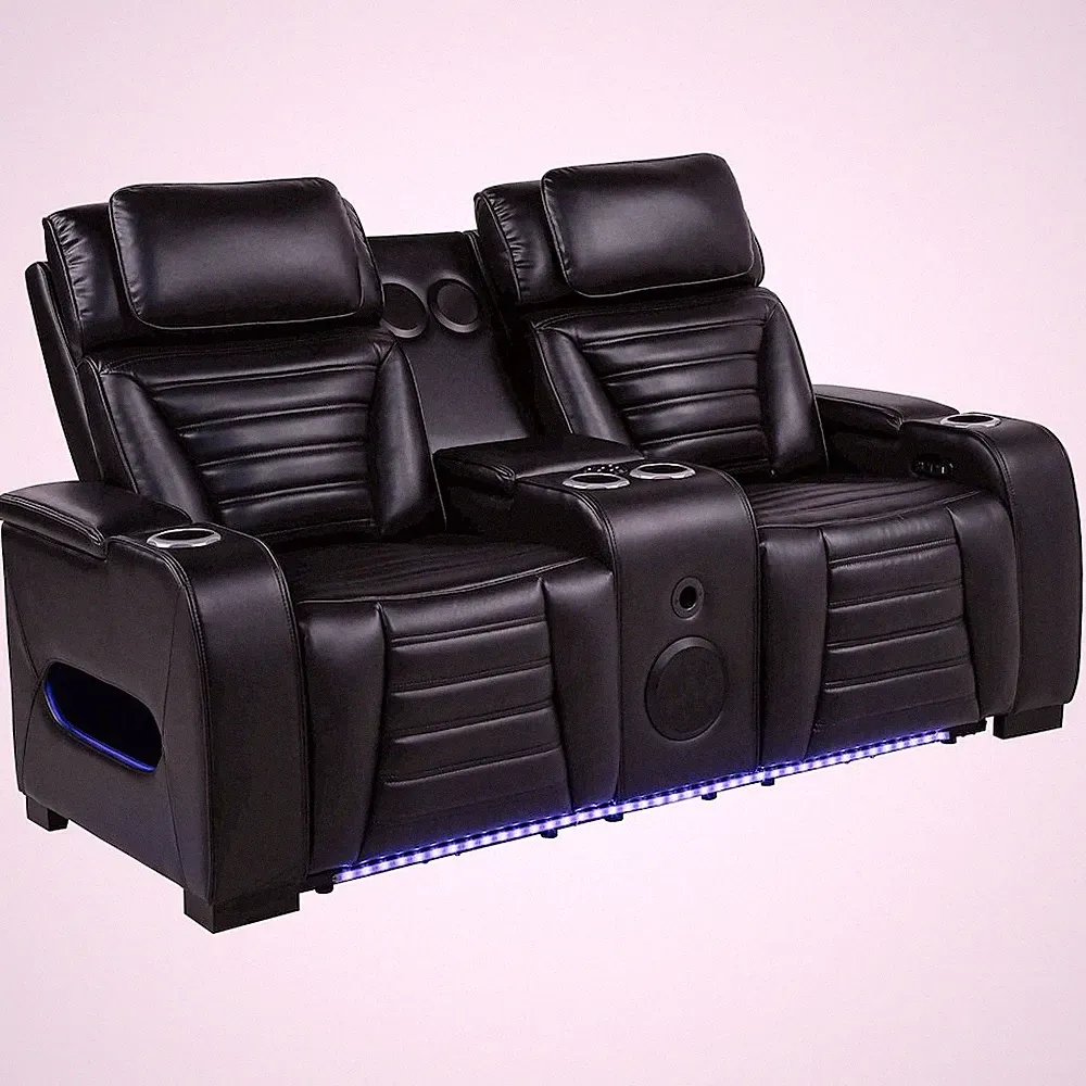 Zuma Faux Leather Dual Power Reclining LED Loveseat Black